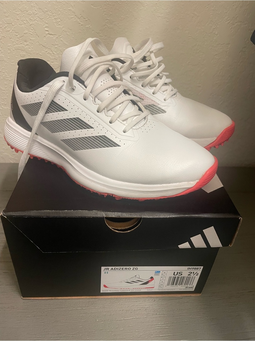 adidas Boys White Golf Sneakers with Red Accents